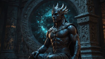 Obraz premium A statue of Onest, guardian of mirror realms, a reflection behind showing gods that never were