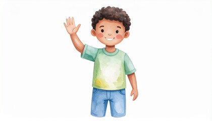 Hand-Painted Watercolor Illustration of Young Boy in Various Poses