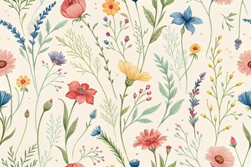 Meadow with flowers, floral seamless pattern of watercolor colorful wildflowers on ivory background, abstract ornament.