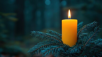 Lit yellow candle, evergreen boughs, deep forest backdrop