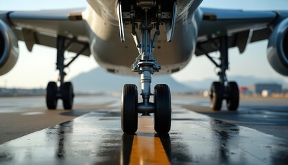 Close-up of plane landing gear on runway. Aeroplane wheels touching down. Aircraft undercarriage tires ready for arrival. Transportation tech. Modern airplane. Aviation. Travel concept. Flight. Air