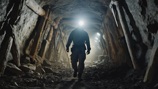 Miner walking through a dimly lit tunnel with beams of light illuminating the rocky walls