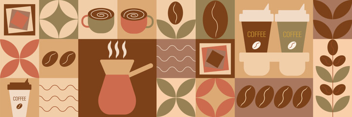 Geometric coffee pattern in minimalist bauhaus style. Abstract print background with simple shapes for coffee shop, food packaging, cafe wall, menu.