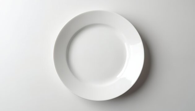 Minimalistic white plate on a clean white background. Simple, elegant design, perfect for food presentation culinary creations. Empty tableware ready for food or drinks.