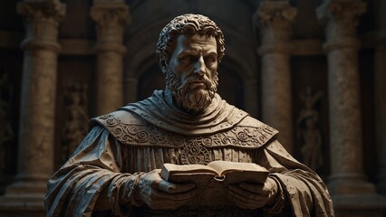 A statue of Rosophes, keeper of forgotten order, her sealed scrolls holding laws of lost pantheons