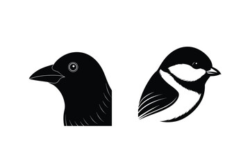 Graphic silhouettes of a raven and chickadee illustrating detailed profiles in a simple black and white style © Sumon