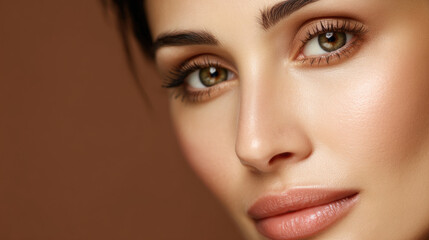 Close-up of a woman with flawless, natural makeup.  Soft lighting highlights her beautiful features