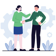 Deal And Partnership. Vector illustration of A man and woman shaking hands in a professional environment, symbolizing business agreement and strategic cooperation.