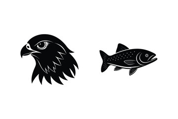 Black silhouette illustration of an eagle head next to a fish graphic design element on a white background