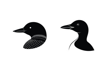 Silhouette illustrations of two distinct common loon bird head profiles in black and white designs