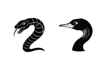 A striking black and white illustration featuring a menacing snake and a bird silhouette design