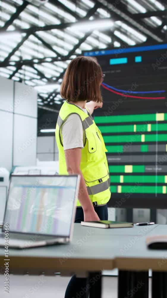 Poster Workers Looking At Production Line Control System Dashboard