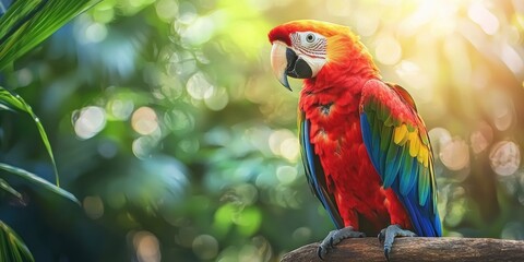 Obraz premium a colorful parrot sitting on a branch of a large tree 
