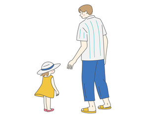 Father and daughter walking together, simple summer scene