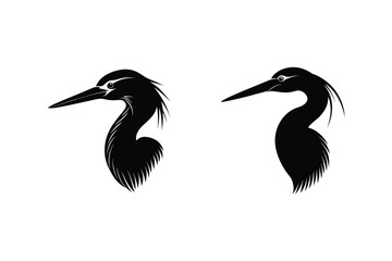 Elegant black heron silhouettes depicting graceful bird profiles in two distinct poses on white background