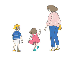 Mother and children walking outdoors, back view illustration
