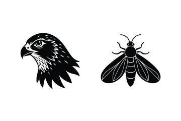Fototapeta premium Black silhouette illustration featuring a detailed hawk head and an insect design for various creative uses