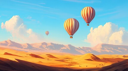 A serene landscape featuring colorful hot air balloons soaring over golden sand dunes under a bright blue sky, capturing the essence of adventure and tranquility in nature