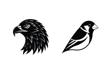 Vector illustration of a black and white eagle head and a sparrow silhouette with isolated background