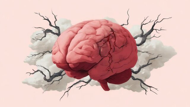 A human brain surrounded by chaotic lines and red pulses, symbolizing ongoing mental pressure. Workplace pressure and burnout.