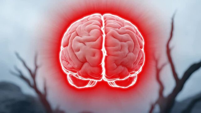 A human brain surrounded by chaotic lines and red pulses, symbolizing ongoing mental pressure. Workplace pressure and burnout.