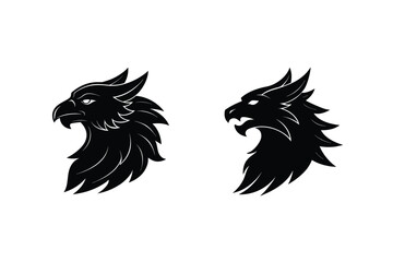 Two stylized black silhouettes of mythological griffin heads on a plain white background in a vector design