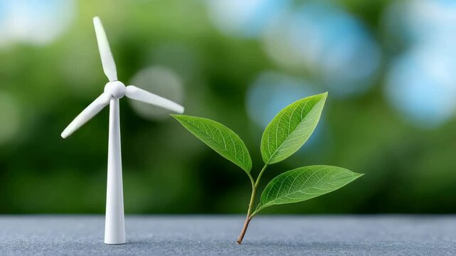 A windmill placed on a green leaf, symbolizing eco-friendly energy. The trend of using renewable and clean energy. Renewable energy support.