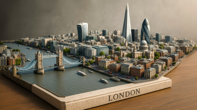 Miniature 3d model of London with iconic landmarks including Tower bridge and the Shard