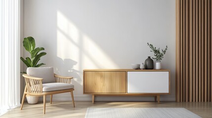 A modern white room features a stylish wooden cabinet.
