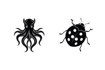 Silhouettes of an octopus creature with horns and a ladybug presented on a white background