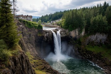 Obraz premium Majestic Snoqualmie Falls: A Cascade of Nature's Beauty in Washington's Forested Gorge