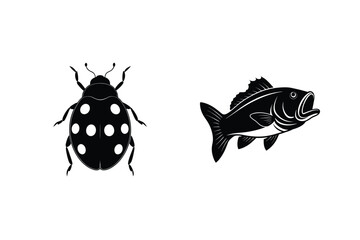 Black and white graphic illustration featuring a ladybug silhouette alongside a detailed open-mouthed fish silhouette