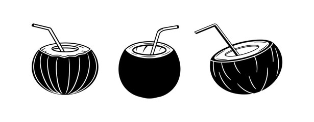 Three stylized coconuts with straws in black and white vector illustration art silhouette