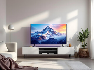 Fototapeta premium Cozy apartment space featuring television displaying cinematic mountain footage