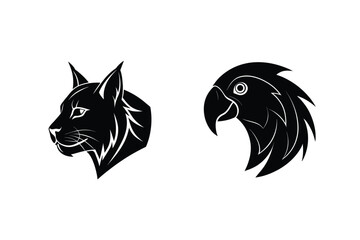 A pair of black silhouette animal heads depicting a bobcat and a parrot on a white background