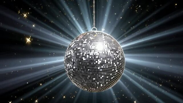 A sparkling disco ball is hanging and spinning on a background with shining rays of light and small stars.