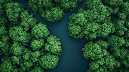 Aerial view River meandering through lush green forest canopy