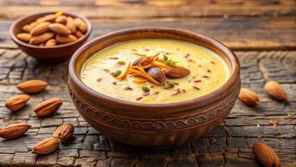 Traditional Saffron Kheer in a Ceramic Pottery Bowl with Toasted Almonds and Walnuts, Indian dessert, Traditional Indian dish