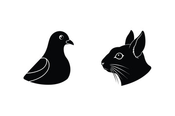 Vector silhouette of a dove and a bunny a minimalist black and white animal illustration