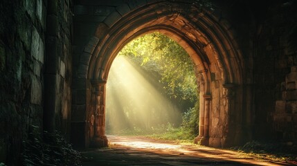 Naklejka premium A serene view of a sunlit stone archway surrounded by lush greenery, casting soft light onto a tranquil path, evoking a sense of peace and natural beauty in a forested area