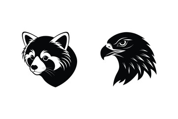 Black and white silhouettes of a red panda and eagle heads representing nature and wildlife