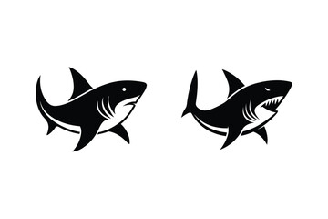 Two bold black shark silhouettes isolated on white background representing danger and sea predators