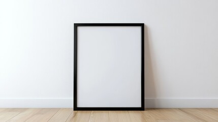 A simple black frame sits on a wood floor against a white wall.  It's perfect for showcasing your design.
