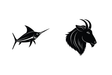Black silhouette illustrations of a swordfish and a goat head against a white background