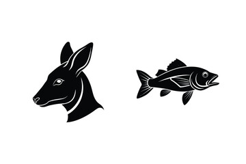 Obraz premium Black and white silhouette illustrations of a kangaroo and a fish suitable for animal or wildlife design