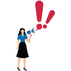 Businesswoman talk on megaphone with exclamation mark symbolizing important announcement