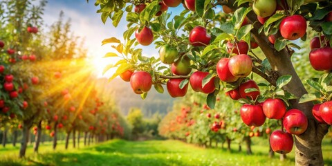 Mature apple tree with ripe red apples in a sunny day landscape , leaves, garden,  leaves, garden, serene, outdoor, greenery
