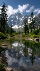 Mountain lake reflection in tranquil alpine meadow, showcasing stunning peak mirroring in calm waters, perfect for nature and travel-themed use
