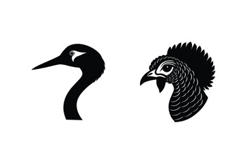 Two vector silhouettes of bird heads featuring a swan and a detailed rooster design isolated on white