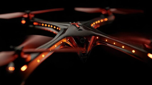 Close up view of a black drone with orange LED lights illuminating its carbon fiber body against a dark background. The propellers are slightly blurred, suggesting motion. 